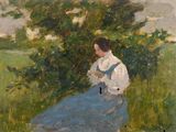 a painting of a woman in a blue dress sitting in a field