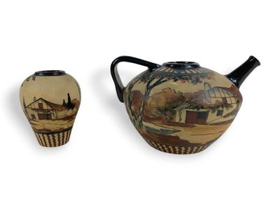 CIBOURE Chevrette en céramique émaillée à décor d'une ferme …