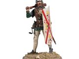 the figurine is holding a sword and shield on a wooden base