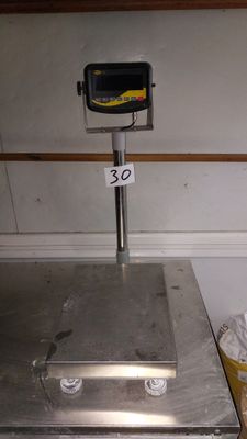 an image of a scale in a kitchen with a trash can