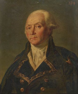 un tableau représentant un homme vêtu d'un manteau bleu et d'une chemise blanche