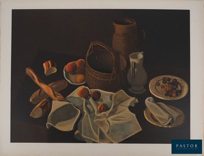 une peinture représentant une nature morte avec un panier de fruits posé sur la table