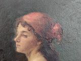 an oil painting of a woman with a red hat on her head