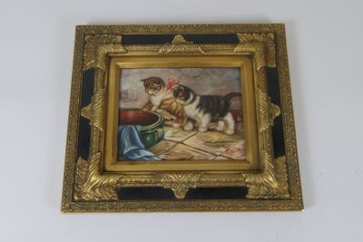 a picture of a painting of a dog on a table
