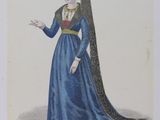 drawing of a woman in a blue dress with a long veil