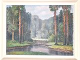a painting of a stream running through a forest