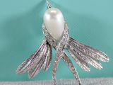 silver plated brooch with white pearl and crystal wings