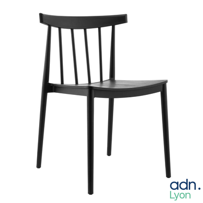 the chair is black and has a wooden seat and back