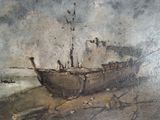 une peinture d'un bateau sur la plage au bord de l'eau
