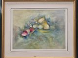 tableau représentant une nature morte composée de pommes et de poires posées sur une table
