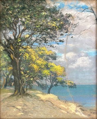 an oil painting of a beach scene with trees and the ocean