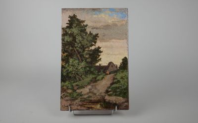 une peinture à l'huile représentant un chemin de terre bordé d'arbres, avec une grange au loin