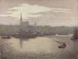 un tableau représentant un bateau sur un plan d'eau, avec une église en arrière-plan
