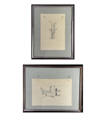 two framed drawings of a man and a woman in a boat