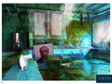 un chat blanc debout à côté d'un tableau représentant un homme dans une baignoire
