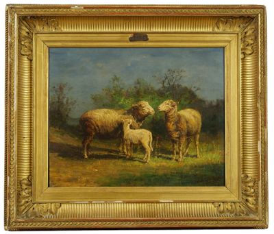 tableau représentant des moutons et des agneaux dans un champ, avec un décor boisé en arrière-plan