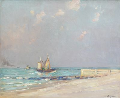 painting of a sailboat on the beach with a pier in the background
