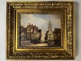 painting of a street scene with buildings and a church in the background