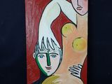 tableau représentant une femme coiffée d'un chapeau et un homme tenant un oiseau