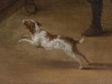 a painting of a dog chasing a chicken in a barn