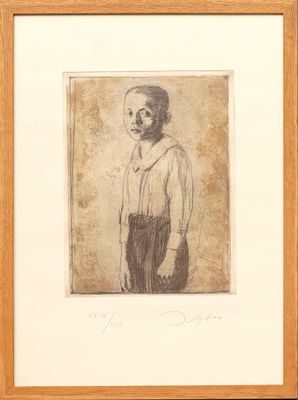 a drawing of a man in a white shirt standing in front of a brown background