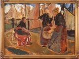 an oil painting of a woman and a child in front of a tent