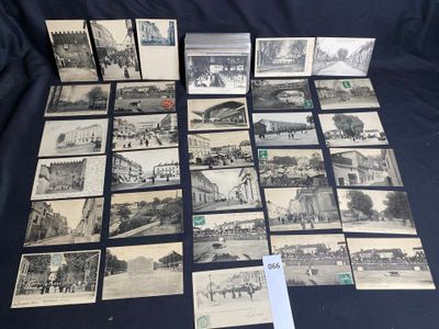 several old black and white photographs of a train and buildings