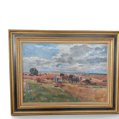 Peinture à l'huile encadrée représentant un paysage avec une charrue et des chevaux dans un champ