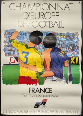 poster of a couple of soccer players standing next to each other in front of a crowd
