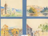 quatre aquarelles représentant une église, un clocher et une rivière