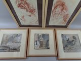 three framed drawings of a woman and two men in a room