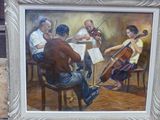 painting of a group of people playing music in a room
