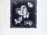 un dessin en noir et blanc représentant un homme assis sur une chaise