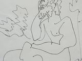 a drawing of a woman sitting on a chair