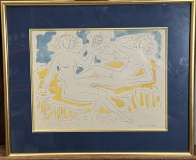 painting of two women sitting on a bench in front of a blue and yellow background