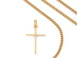 un pendentif en forme de croix en or avec une chaîne, sur fond blanc