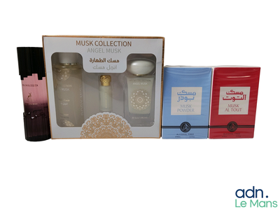 trois flacons de parfum dans un coffret sur fond blanc