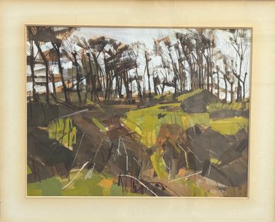 l'image d'une peinture d'un champ avec des arbres en arrière-plan