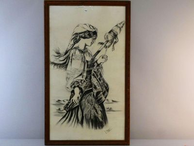 un dessin représentant une femme tenant un oiseau dans la main