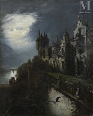 painting of a castle on a hill with a river in the foreground and a full moon in the sky