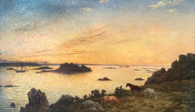 tableau représentant un coucher de soleil sur un plan d'eau où se trouvent des chevaux