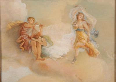 tableau représentant deux anges assis sur un nuage dans le ciel