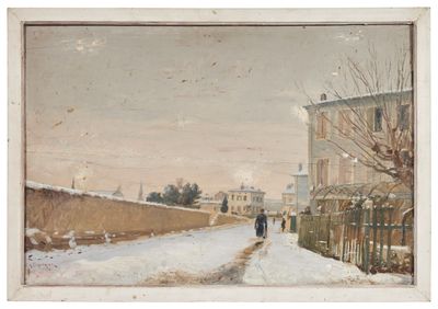 tableau représentant une personne marchant dans une rue enneigée devant un immeuble