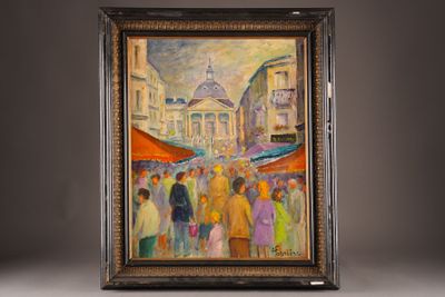 an oil painting of a group of people walking down a street