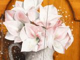 a painting of flowers in a vase on a wooden panel