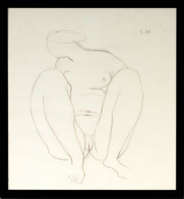 pencil drawing of a man kneeling on the ground with his hands on his knees