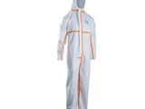 a white and orange coverall with a hood on it