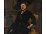 a painting of a woman in a black hat and dress sitting in a chair