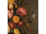 painting of flowers in a vase on a table with a butterfly