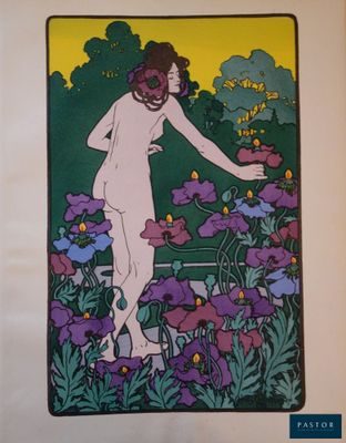 tableau représentant une femme dans un champ de fleurs violettes, avec un ciel jaune en arrière-plan